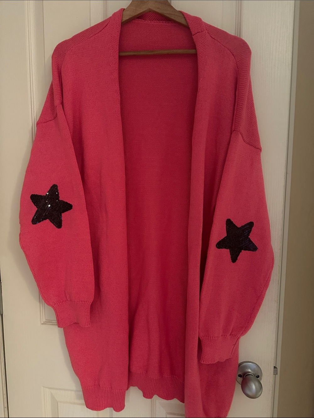 Women's Hot Pink Open Front Star Elbow Patch Cardigan
